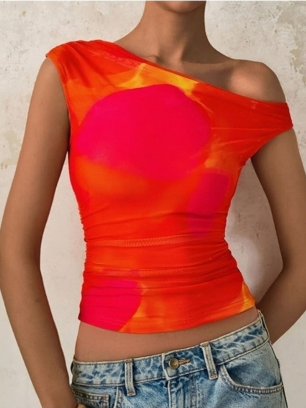 Mesh Sheer Y2k mock neck Sheer Mesh Crop pink orange Tops Asymmetrical size M